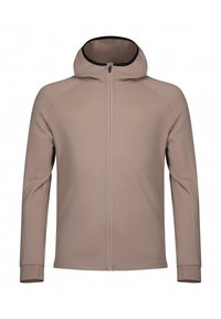 Lys beige hættejakke lavet af fleksibelt materiale, med en frontlynlås, lange ærmer og sorte detaljer på kraven.