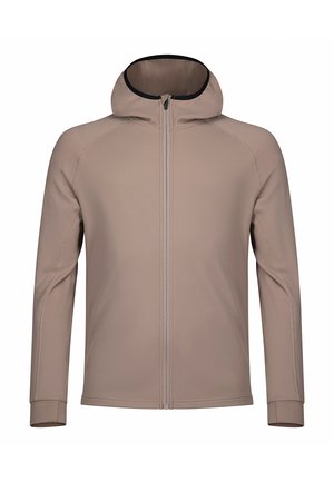 Giacca a cappuccio beige chiaro realizzata in materiale flessibile, con zip frontale, maniche lunghe e dettagli neri sul colletto.