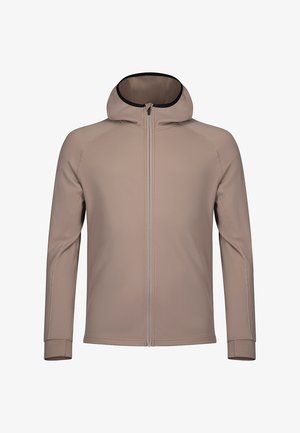 Giacca a cappuccio beige chiaro realizzata in materiale flessibile, con zip frontale, maniche lunghe e dettagli neri sul colletto.