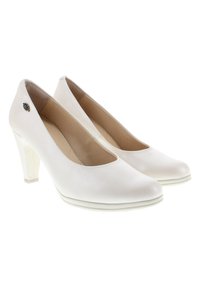 Weiße Leder hochhackige Schuhe mit einer abgerundeten Spitze, strukturierten Oberfläche und einem klaren Akzent an der Ferse. Minimalistisches Design mit tiefem Ausschnitt.