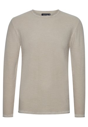 Hosszú ujjú, kerek nyakú ing világos bézs színben, texturált anyagból, finom rácsos mintával. Erősített szegélyekkel és mandzsettákkal rendelkezik.