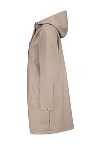 Beige vettä kestävä takki hupun kanssa, sivutaskut ja suora leikkaus. Silkkinen pinta, jossa on hienovarainen kiilto, vähän huolto-osia.