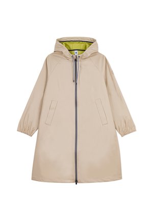 Beiger Kapuzenregenmantel mit Frontreißverschluss, zwei Seitentaschen, elastischen Bündchen und limonengrünem Innenfutter, flach auf weißem Hintergrund dargestellt.