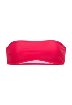 Rotes Bandeau-Bikinitop aus glattem, dehnbarem Material. Es verfügt über ein nahtloses Design und eine einfarbige Farbe mit weichen Kanten. Kein sichtbares Metallzubehör.