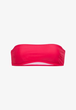 Rotes Bandeau-Bikinitop aus glattem, dehnbarem Material. Es verfügt über ein nahtloses Design und eine einfarbige Farbe mit weichen Kanten. Kein sichtbares Metallzubehör.