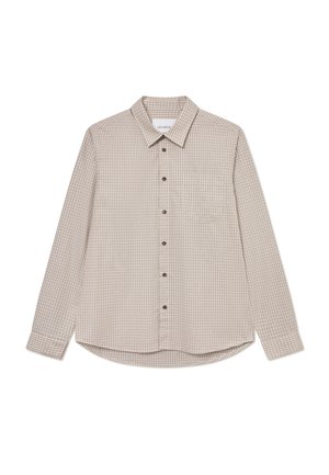 Brun och beige rutig långärmad skjorta med en knapp-down krage, framficka och bruna knappar, med en rundad nederkant.