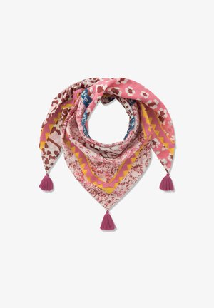 Écharpe triangulaire rose à motifs floraux et abstraits, bordée de zigzags jaunes et ornée de trois pompons roses à chaque coin.