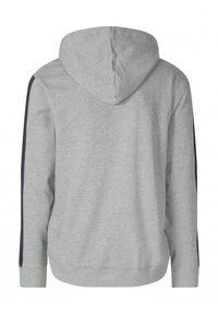 Šedá mikina s kapucí na šňůrky, žebrovanými manžetami a námořnickými pruhy na bocích. Vyrobena z měkké tkaniny s uvolněným střihem a bez viditelných log.