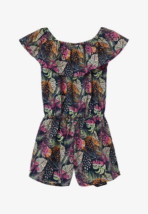 Avskåret romper med off-shoulder design i mørk marineblå bakgrunn, prydet med livlige tropiske bladmønstre i rosa, grønt og oransje. Elastisk midje.