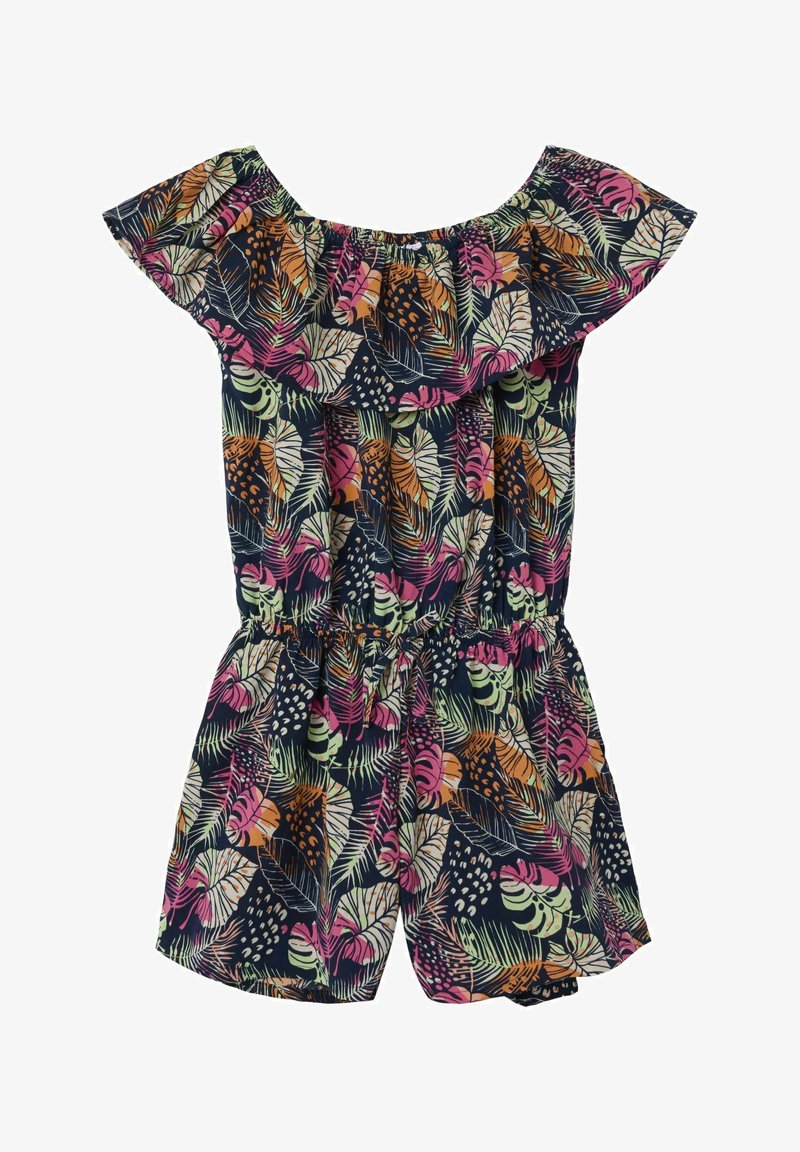 Combinaison dénudée sur les épaules avec un fond marine foncé, ornée de motifs de feuilles tropicales vives en rose, vert et orange. Ceinture élastique.