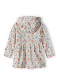 Waterproof jacket with a pastel unicorn and rainbow pattern. Features a hood, long sleeves, and a button detail on the cuff.
