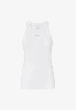 Witte mouwloze tanktop met een ronde halslijn en zachte textuur. Heeft een minimalistisch reliëflogo in het midden.