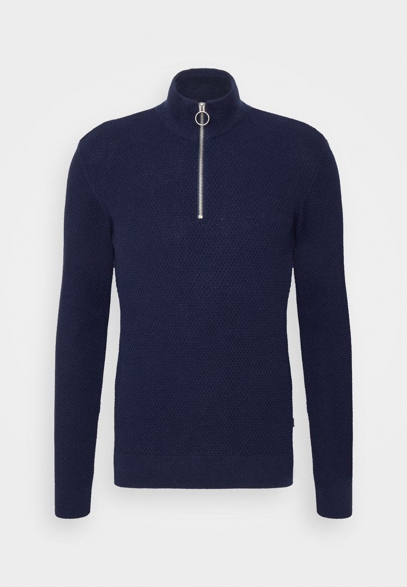 Dunkelblauer Strickpullover mit hohem Kragen und halbem Reißverschluss, ausgestattet mit strukturiertem Stoff und gerippten Bündchen und Saum.