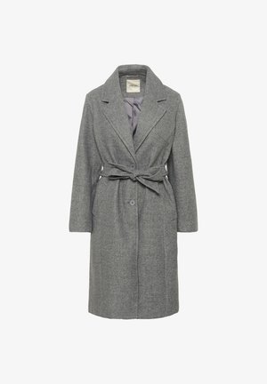 Gray long wool coat with lapel collar, two buttons, belt tied at waist, and side pockets, displayed on white background.