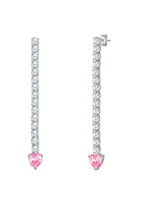 Srebrne uhane v obliki kapljic odlikuje linearni razporeditev prozornim kamenčkom, ki se konča z rožnatim gemom v obliki srca na dnu.