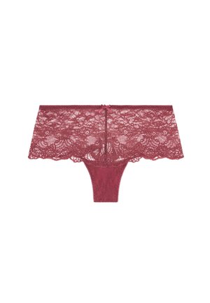 String en dentelle bordeaux avec un design transparent, des bords festonnés et un petit ruban au centre avant.