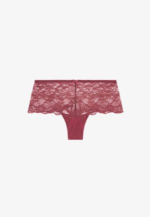 String en dentelle bordeaux avec un design transparent, des bords festonnés et un petit ruban au centre avant.