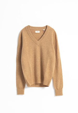 Suéter de cuello en V en marrón claro, hecho de una tela suave. Cuenta con puños y dobladillo de canalé, mangas largas y un ajuste relajado.