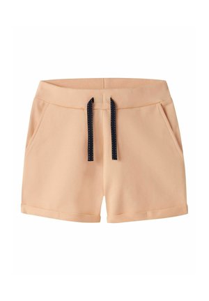 Pantalones cortos de algodón beige con cintura elástica y cordón negro, con bolsillos laterales y puños doblados.