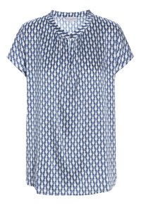 Blouse à manches courtes avec un motif abstrait bleu et blanc, col rond et fermeture par un seul bouton au centre devant.