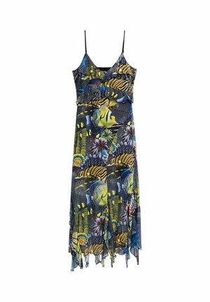 Robe maxi sans manches avec fines bretelles, présentant un motif coloré de poissons tropicaux et de récifs coralliens sur fond sombre.