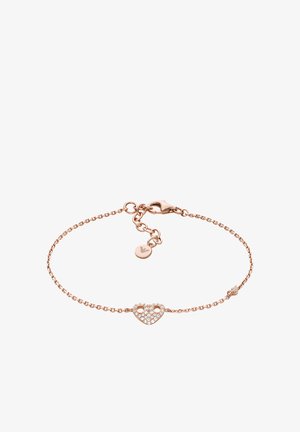 Ruusu-kultainen ketjurannekoru, jossa on sydämenmuotoinen riipus kirkkailla kristalleilla. Sisältää paksuklammin ja säädettävän jatkorenkaan.