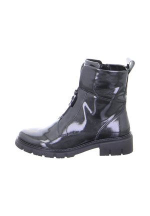 Schwarze Lack-Ankle-Boots mit glatter Textur, seitlichem Reißverschluss und robuster Gummisohle. Mit gepolstertem Kragen und Zugschlaufe für ein einfaches An- und Ausziehen.