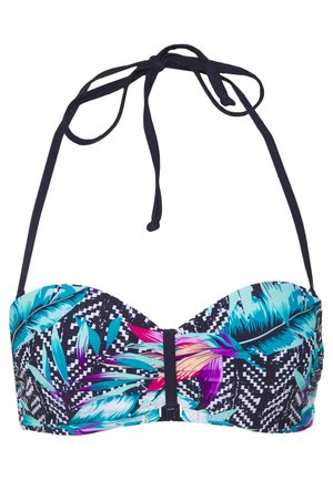 Multi-kleurige bikini top met een tropisch bladdessin op een marineblauwe achtergrond, gestructureerd met onderstructuur en verstelbare halterstrik.