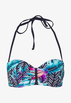 Top bikini multicolore con motivo di foglie tropicali su sfondo blu navy, design con stecche strutturate e laccio regolabile per il collo.
