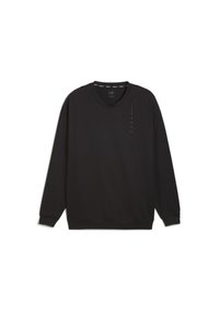 Schwarzer Sweatshirt aus weichem Stoff, mit rundem Ausschnitt, langen Ärmeln und gesteppten Akzenten. Auf der Vorderseite befindet sich ein vertikales Logo-Detail.
