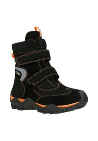 Stivale in suede nero con accenti e cuciture arancioni. Presenta due cinghie in velcro, una suola in gomma testurizzata e una cavigliera imbottita per il supporto.