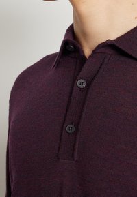 Gros plan d'une personne portant un polo en maille violet foncé avec une patte boutonnée et un col replié.