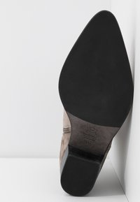 Bruine suède enkellaars met een spitse neus en een zwarte rubberen zool. Inclusief gestructureerde accenten en een ritsdetail aan de zijkant.