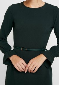 Mörkgrön klänning med långa ärmar som har samlad detalj vid ärmsluten,  åtdragen i midjan med ett tunt grönt bälte och ett guldspänne.