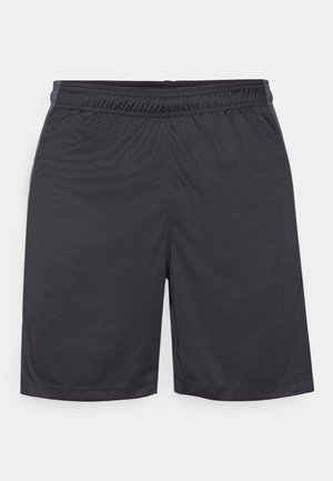 Sorte treningsshorts laget av glatt, lett stoff. Har elastisk midjebånd og sydd kant uten synlige lommer eller mønstre.