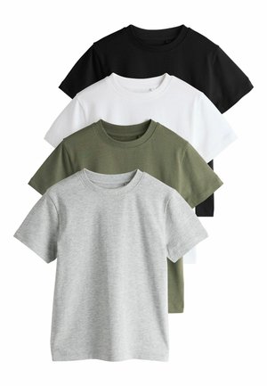 Four short-sleeve t-shirts stacked horizontally in black, white, olive green, and light gray, made of cotton with a classic crew neck design.
