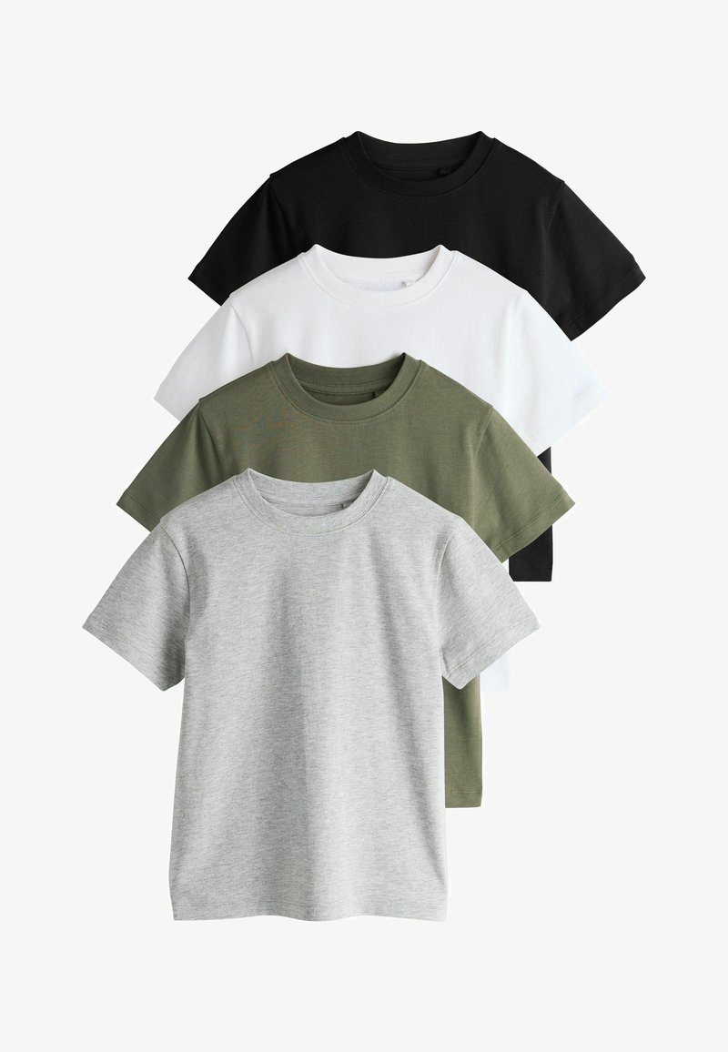 Quattro t-shirt a maniche corte impilate orizzontalmente nei colori nero, bianco, verde oliva e grigio chiaro, realizzate in cotone con un classico design a girocollo.