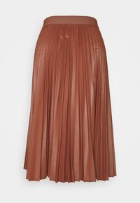 Brun veckad kjol med elastisk midja. Tillverkad av ett glansigt material, med djupa, enhetliga veck genom hela designen.