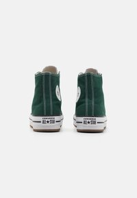 Zapatillas altas de lona verde con acentos blancos, suelas de goma y un parche de logo circular en cada lado. Detalles de costura a lo largo de los bordes.