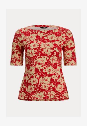 Punase ja beeži lillemustriline lühikeste varrukatega särk ümarate kaelustega ja mansettidega varrukatega.