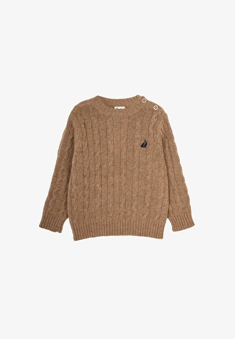 Cable-knit sweater in light brown, featuring a round neck, long sleeves, and two button accents on the shoulder with a navy sailboat logo.