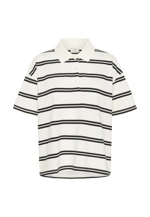 Vit polo T-shirt med svarta horisontella ränder, korta ärmar och en klassisk krage. Tvåknapps placket och rak nederkant.