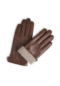 Bruine leren handschoenen met een zachte wolmanchet. De handschoenen hebben een slank ontwerp met vijf vingers en een gladde textuur. De manchet is een lichter beige.