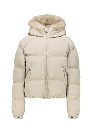 Beige donsjast met ritssluiting aan de voorkant, twee zakken met rits, met bont gevoerde capuchon en mouwsluitingen met knopen, getoond tegen een witte achtergrond.