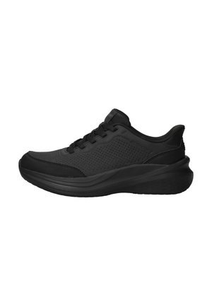 Chaussure de sport noire basse avec une tige en mesh, lacets sur le devant, col rembourré et semelle épaisse coussinée, vue du côté intérieur.