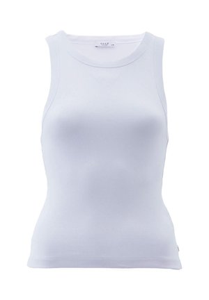 Hvid ribstrikket ærmeløs tanktop med høj rund halsudskæring, tætsiddende pasform og lille mærkeindlæg indeni kraven.