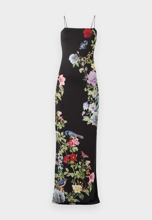 Vestido maxi floral de tela negra con tirantes finos, que presenta un vibrante estampado floral en varios colores y detalles de aves a lo largo del costado.