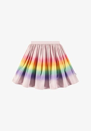 Roze rok met een geraffineerde taille, met een regenboogverloop patroon dat van rood naar paars overgaat. Gemaakt van lichtgewicht stof.