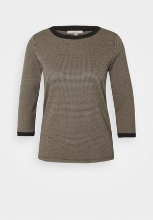 Schwarz-beigefarbenes Langarmhemd mit Muster, Rundhalsausschnitt und schwarzem Besatz an Kragen und Ärmeln. Texturierter Stoff.