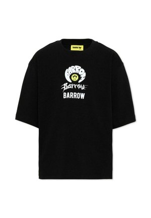 Czarny T-shirt z krótkim rękawem z białym tekstem "BARROW" i logo przedstawiającym żółtą uśmiechniętą twarz na środku z przodu.